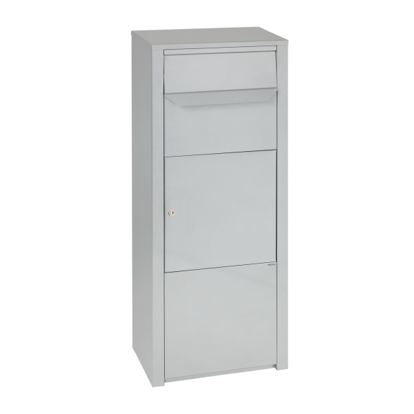 Paketbriefkasten Mefa Rowan 471 in Weißaluminium RAL 9006 Entnahme von vorne